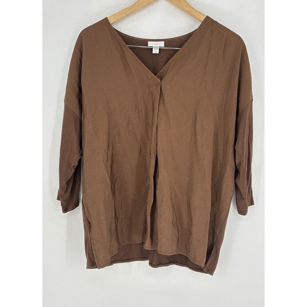 J. Jill Mixed Media V-Neck Top Womens L Petite Brown Tencel Knit Casual Blouse